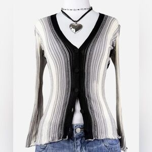 Women’s Striped V‑Neck Button Cardigan Sweater - Black & Gray